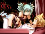  1boy 1girl aqua_eyes bed blonde_hair hatsune_miku kagamine_len kuromayu midriff no_panties pointy_ears short_hair tail thigh-highs thighhighs vocaloid yellow_eyes 