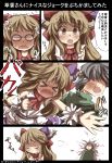  &gt;_&lt; 1girl 4koma black_hair blood blush bow brown_eyes brown_hair comic embarrassed faceless faceless_male fangs gaoo_(frpjx283) hair_bow highres horns ibuki_suika long_hair pout slapping sleeveless touhou translated translation_request wrist_cuffs 