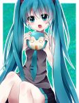  aqua_eyes aqua_hair fang food hatsune_miku highres looking_at_viewer mikuman necktie nikuman open_mouth saki_(sakisaki128) skirt solo twintails vocaloid 