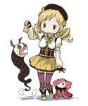  blonde_hair charlotte_(madoka_magica) cheese detached_sleeves drill_hair fingerless_gloves gloves hair_ornament hat imo_works lowres mahou_shoujo_madoka_magica open_mouth skirt smile standing striped striped_legwear thigh-highs thighhighs tomoe_mami twintails zettai_ryouiki 
