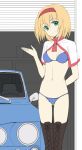  alice_margatroid arm_behind_back bikini blonde_hair boots capelet car cross-laced_footwear garage green_eyes hairband lace-up_boots midriff motor_vehicle navel panties race_queen short_hair smile solo standing swimsuit takemori_shintarou thigh_boots thighhighs thong touhou underwear vehicle 
