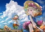  blonde_hair blush boned_meat child cloud clouds curly_hair desert eating final_fantasy final_fantasy_vi food gau hat meat open_mouth relm_arrowny ribbon sabotender sky tongs umeda_yoshio 