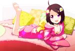  ahoge araragi_tsukihi barefoot breasts brown_hair cleavage egg feet fried_egg hair_ornament japanese_clothes kimono looking_at_viewer lying monogatari_(series) nisemonogatari on_stomach pillow pink_eyes short_hair solo sw 