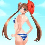  ass bikini blue_eyes breasts brown_hair flower hibiscus highres long_hair looking_back mei_(pokemon) original pokemon pokemon_(game) pokemon_bw2 sideboob striped striped_bikini striped_swimsuit swimsuit tan tanline tuna21 twintails 