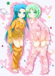  :o barefoot blue_eyes blue_hair fang glasses green_hair hio_raichi kyou_ami! long_hair pajamas pajamas_pull porurin_(do-desho) short_hair slit_pupils thighs tsuchie_roka very_long_hair 