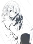  blush hair_ornament hairclip hirasawa_yui hiroaki_(huruhonya) hug k-on! light_smile lineart long_hair monochrome multiple_girls nakano_azusa short_hair twintails yuri 