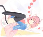  1girl animal_ears ass black_legwear blush cat_ears cat_tail covering covering_crotch hairband heart heart_pillow highres kemonomimi_mode komeiji_satori long_sleeves looking_at_viewer no_shoes off_shoulder open_clothes open_shirt pillow pink_hair shichinose shirt skirt solo tail tears thigh-highs touhou violet_eyes 