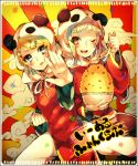  animal_hat blonde_hair blue_eyes chinese_clothes green_hair gumi hair_ornament hairclip hat kagamine_rin looking_at_viewer multiple_girls open_mouth panda_hat red_eyes rice_bowl short_hair smile vocaloid wink yie_ar_fan_club_(vocaloid) 