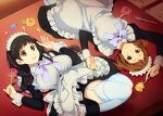  apron black_hair braid brown_hair chitanda_eru flower garter_straps harunoibuki hyouka ibara_mayaka long_hair maid multiple_girls purple_eyes red_eyes rose short_hair thigh-highs thighhighs twin_braids violet_eyes 