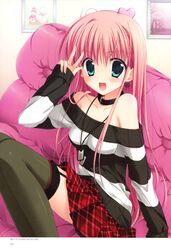  absurdres aqua_eyes azuma_yoru black_legwear chimaro earrings garter_straps hatsuyuki_sakura highres jewelry long_sleeves off_shoulder open_mouth pink_hair saga_planets sitting smile striped sweater thigh-highs thighhighs 