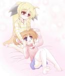  blonde_hair blue_eyes blush brown_hair casual fate_testarossa hair_ribbon hand_holding highres holding_hands jewelry kano-0724 long_sleeves lyrical_nanoha mahou_shoujo_lyrical_nanoha mahou_shoujo_lyrical_nanoha_a&#039;s mahou_shoujo_lyrical_nanoha_a's multiple_girls necklace open_mouth pendant red_eyes ribbon shirt skirt striped striped_shirt takamachi_nanoha thigh-highs thighhighs white_legwear 