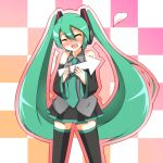  aqua_hair blush closed_eyes detached_sleeves directional_arrow eyes_closed hatsune_miku heart kenno9mp40 long_hair nail_polish necktie solo thigh-highs thighhighs twintails very_long_hair vocaloid 