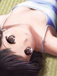  :d black_hair brown_eyes down_blouse from_above looking_at_viewer lying multiple_girls on_back open_mouth original phazer reflection short_hair smile striped sweat tatami 