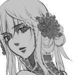  bare_shoulders chinese_clothes eyelashes flat_color flower greyscale hair_flower hair_ornament long_hair looking_at_viewer looking_back monochrome original parted_lips portrait simple_background sketch solo tiangong_su white_background 