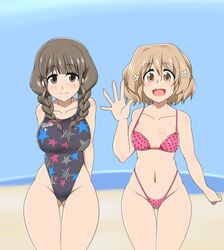  bikini braid breasts brown_eyes brown_hair competition_swimsuit hanasaku_iroha highleg highleg_bikini highleg_swimsuit kaz_(shade) large_breasts long_hair matsumae_ohana multiple_girls one-piece_swimsuit oshimizu_nako polka_dot polka_dot_bikini polka_dot_swimsuit short_hair star_print swimsuit twin_braids twintails waving 