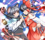  animal animal_ears bags_under_eye bags_under_eyes black_hair bow breasts capelet detached_sleeves dowsing_rod grey_hair grin hair_bow hair_tubes hakurei_reimu jeweled_pagoda jewelry long_sleeves mouse mouse_ears mouse_tail multiple_girls nazrin ofuda orange_eyes pendant pesogiso short_hair sideboob smile tail touhou wide_sleeves 