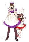  1girl alternate_costume apron blue_eyes bonnet brown_eyes brown_hair enmaided fate/zero fate_(series) hair_ribbon hat kotomine_kirei maid maid_headdress mary_janes muscle pantyhose plate ribbon shoes sunday31 tohsaka_rin toosaka_rin twintails wrist_cuffs young 