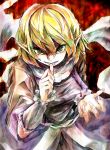  al_bhed_eyes arm_warmers ast biting blonde_hair claws clenched_teeth fingernails green_eyes highres long_fingernails mizuhashi_parsee pointy_ears red_background scarf sharp_teeth short_hair solo thumb_biting touhou 