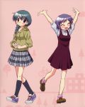  \o/ ^_^ absurdres aoki_ume arms_up blush braid casual chika closed_eyes dress eyes_closed fashion green_eyes green_hair hidamari_sketch highres hoodie itou_yoshiaki loafers multiple_girls natsume_(hidamari_sketch) official_art open_mouth outstretched_arms pink_background purple_hair scan shoes short_hair skirt sleeves_pushed_up sneakers socks sweatshirt 