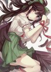  1girl black_hair black_wings blush bound_wrists bow breasts feathers hair_bow large_breasts long_hair looking_at_viewer red_eyes reiuji_utsuho ribbon skirt solo touhou walzrj wings 
