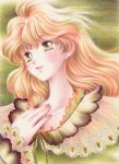  blonde_hair blush bust collarbone colored_pencil_(medium) feathers green_background green_eyes hand_on_own_chest kagurazuki_miu long_hair original parted_lips solo traditional_media 