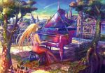  blonde_hair chair city cropped dress fuji_choko highres instrument leaf long_hair moss original piano playing_instrument ruins scan scenery sheet_music shooting_star solo tree water 