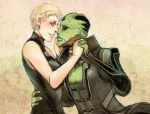  1boy 1girl alien bare_shoulders black_eyes blonde_hair blue_eyes bob_cut commander_shepard commander_shepard_(female) couple drell green_skin halterneck interlocked_fingers itanji mass_effect mass_effect_2 no_pupils short_hair sleeveless thane_krios waist_hold 