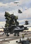  80s aircraft airplane bazooka camouflage cloud condensation_trail dated dodai_ys engineer epic fleet flying gouf gouf_custom gundam headgear helmet mecha military missile oldschool realistic red_ace riding runway science_fiction signature soldier weapon zeon 