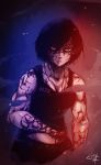  black_hair blood breasts cleavage commander_shepard commander_shepard_(female) commentary cuts dark_persona dog_tags injury mass_effect mass_effect_3 muscle petite-emi red_eyes scar short_hair signature smoke solo tank_top 