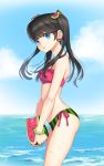  bandeau bare_shoulders bikini black_hair blue_eyes blue_sky briska cloud clouds earrings food food_themed_clothes fruit jewelry long_hair original side-tie_bikini sky solo swimsuit twintails water watermelon watermelon_print 