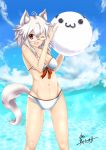  :3 animal_ears artist_name bad_id ball beachball bespectacled bikini cloud clouds front-tie_top glasses inubashiri_momiji kuga_zankurou ocean red-framed_glasses red_eyes short_hair signature silver_hair sky solo swimsuit tail touhou white_swimsuit wink wolf_ears wolf_tail 