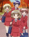  :d absurdres aoki_ume bag blonde_hair blue_eyes blue_hair blush brown_eyes brown_hair double_bun glasses hair_ornament hairclip hidamari_sketch highres hiro looking_at_viewer miyako multiple_girls official_art open_mouth pink_hair red_eyes sae school_uniform short_hair smile yuno 