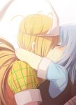  binbougami_ga! blonde_hair blush cast closed_eyes eyes_closed hair_over_one_eye highres hinagi_(fox_priest) hug kiss long_hair momiji_(binbougami_ga!) multiple_girls mutual_yuri plaid plaid_shirt ponytail sakura_ichiko school_uniform short_hair silver_hair skirt sweater_vest tears triangular_headpiece yuri 