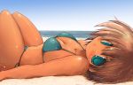  aqua_eyes beach bikini blush breasts brown_hair looking_at_viewer lying on_back original sakaki_(noi-gren) short_hair solo swimsuit tan 
