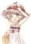  7010 :d arm_up blue_eyes blush copyright_request dress elf green_hair hand_on_hat hat looking_at_viewer open_mouth pointy_ears rough short_hair smile solo sundress sweat white_background 