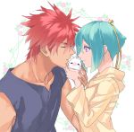  1girl aquarion_(series) aquarion_evol blush closed_eyes eyes_closed green_hair hair_ribbon hoodie incipient_kiss kagura_demuri mogutanabe purple_eyes red_hair redhead resized ribbon short_hair shush_(aquarion_evol) violet_eyes zessica_wong 