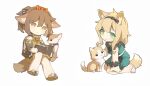  1girl animal animal_ears arknights black_bow black_hairband blonde_hair blue_bow book bow brown_dress brown_eyes brown_footwear brown_hair brown_jacket chibi dog dog_ears dog_girl dog_tail dress fennec_(kemono_friends) full_body green_dress green_eyes hair_between_eyes hair_bow hairband jacket kneeling long_hair official_alternate_costume open_book open_clothes open_jacket orange_bow pajamas perfumer_(arknights) perfumer_(leisurely_afternoon)_(arknights) petting podenco_(arknights) podenco_(wake_up_from_a_nap)_(arknights) ponytail reading simple_background slippers solo tail white_background white_footwear zhizhangsiyin 