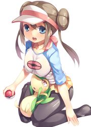  blue_eyes breasts brown_hair double_bun hair_bun long_hair mei_(pokemon) mikage_sekizai pantyhose poke_ball pokemon raglan_sleeves sitting snivy wariza 