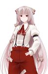 bow crote embellished_costume eyelashes frills fujiwara_no_mokou hair_bow hands_in_pockets highres long_hair looking_at_viewer red_eyes silver_hair simple_background smile solo suspended suspenders touhou transparent_background very_long_hair white_background 