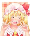  :d ^_^ ao_banana ascot blonde_hair blush bow closed_eyes collarbone double_v eyes_closed face fangs flandre_scarlet hat hat_bow open_mouth portrait short_hair side_ponytail smile solo touhou v wings 