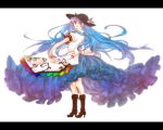 blue_hair boots frills hat hinanawi_tenshi hotmilkice ice_(aitsugai) knee_boots long_hair long_skirt red_eyes simple_background skirt solo touhou very_long_hair very_long_skirt white_background