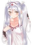  1girl alternate_costume alternate_hairstyle breasts cleavage japanese_clothes kantai_collection long_hair looking_at_viewer miko sensen shoukaku_(kantai_collection) silver_hair sketch smile twintails yellow_eyes 