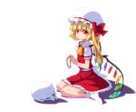  anime_coloring ascot blonde_hair bow flandre_scarlet flower hat hat_bow long_hair looking_at_viewer okina_sai puffy_sleeves red_eyes short_sleeves side_ponytail sitting skull solo touhou wariza wings wreath 