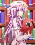  ascot book bookshelf capelet crescent ehimedaisuki hat highres long_hair patchouli_knowledge purple_eyes solo touhou violet_eyes 