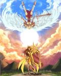  absurdres angel armor blonde_hair breasts brown_hair cloud clouds ear_protection epic forehead_protector g5mercury highres kayle large_breasts league_of_legends leona_(league_of_legends) long_hair multiple_girls shield sword weapon wings 