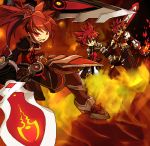  armor boots dual_wielding el_(4369288) elsword elsword_(character) fiery_background fire long_hair lowres male multiple_boys multiple_persona navel oekaki pants ponytail red red_eyes red_hair redhead smile spiked_hair spiky_hair surcoat sword weapon 