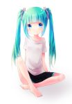  aqua_eyes aqua_hair asato727 barefoot feet hatsune_miku long_hair simple_background sitting solo toes twintails vocaloid young 