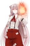  angry bow crote embellished_costume eyelashes fire frills fujiwara_no_mokou hair_bow hands_in_pockets highres long_hair looking_at_viewer red_eyes silver_hair simple_background smile solo suspended suspenders touhou transparent_background very_long_hair 