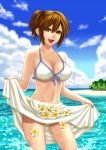  beach bikini breasts brown_eyes brown_hair cloud flower hamura_mayu large_breasts legs meiko ocean ponytail project_diva project_diva_f sarong short_hair sky solo swimsuit thighs vocaloid 
