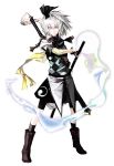  alternate_costume banpai_akira blush boots claymore_(sword) fingerless_gloves gloves grey_eyes hair_ribbon hairband highres hitodama konpaku_youmu konpaku_youmu_(ghost) koumajou_densetsu koumajou_densetsu_2 ribbon short_hair short_sleeves shorts shorts_under_skirt silver_eyes silver_hair skirt solo sword touhou weapon 